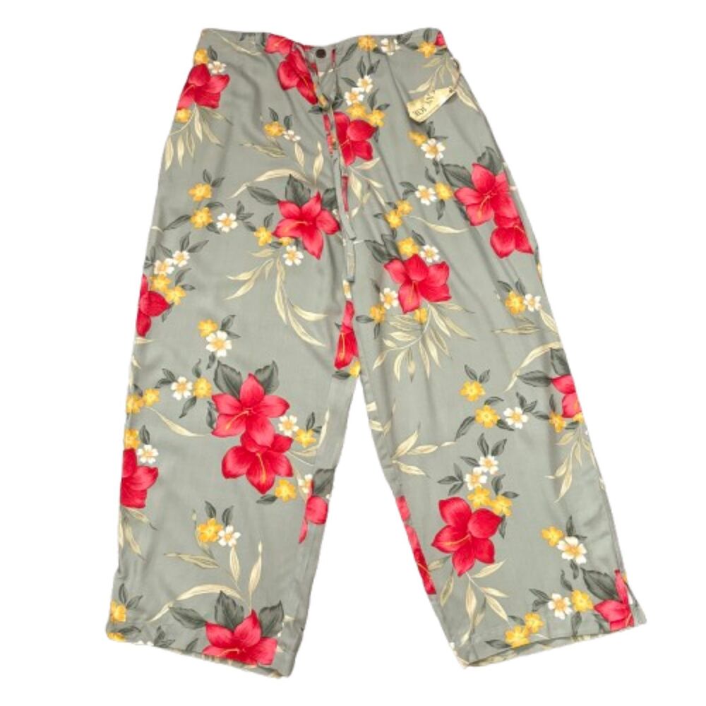 NWT Caribbean‎ Joe Floral Crop Pants Sage Green Pink Hibiscus Rayon Size Large